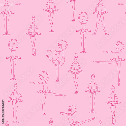 vector sketch of girls ballerina standing in a pose seamless pattern