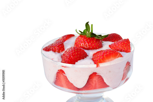 Strawberry foam in glass bowl isolated on white background