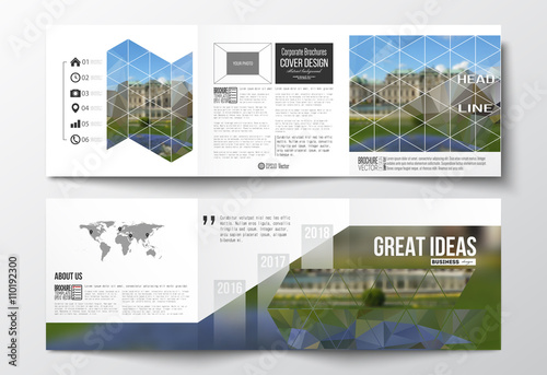 Vector set of tri-fold brochures, square design templates. Polygonal background, blurred image, park landscape, modern stylish vector texture.