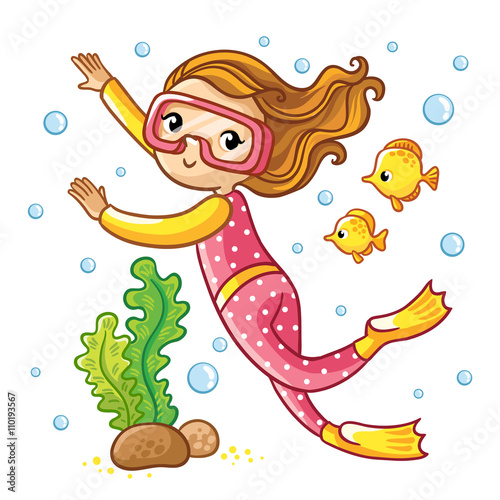 Scuba Diving. Girl swimming under water with fish. Snorkeling girl isolated on white background, vector illustration.