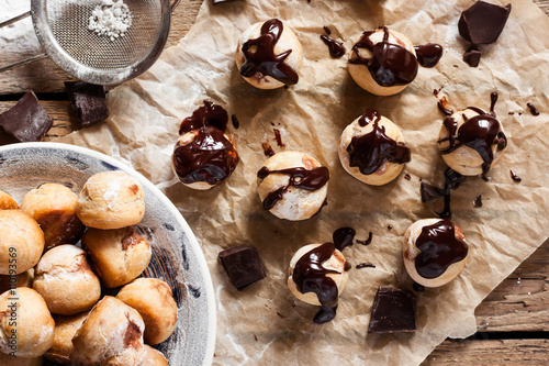 profiterole with chocolate cream and glaze