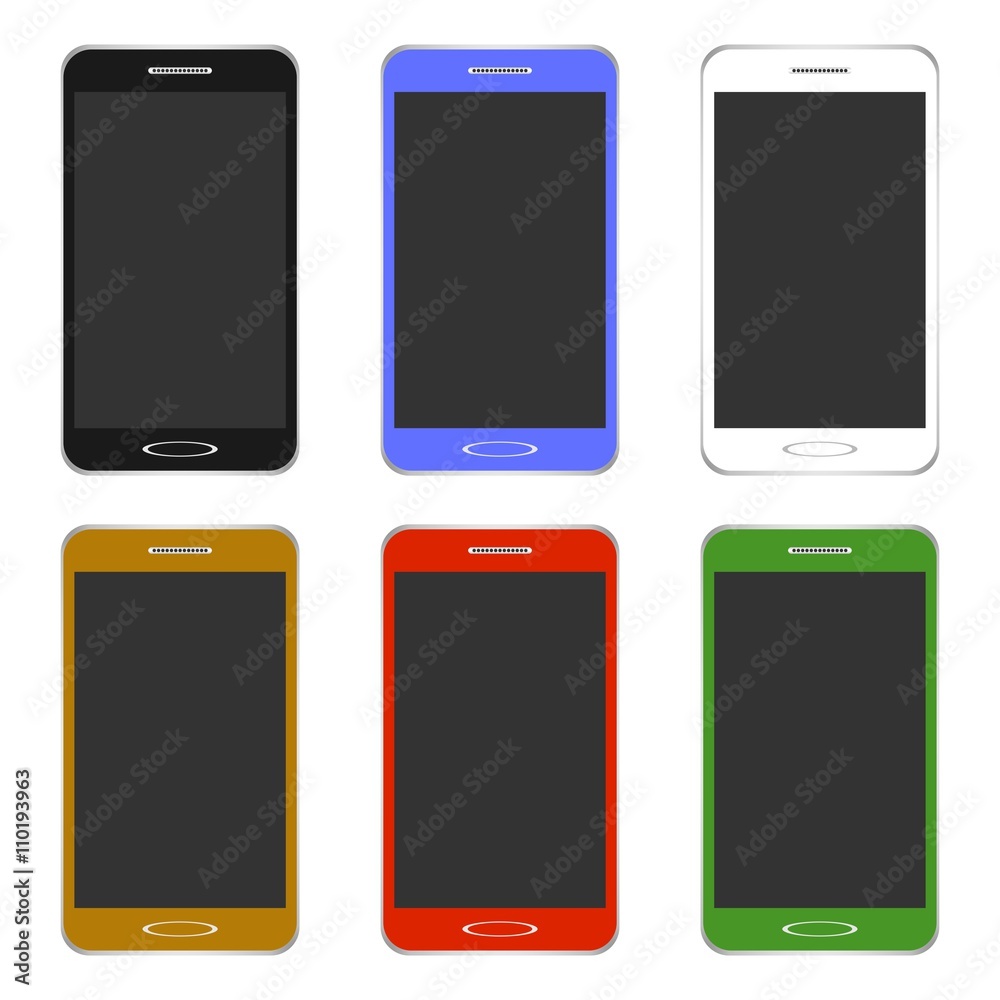 Set of modern color touch phones of different colors black, gold, white, green, red and blue with a black a display speaker and button with silver frame on a white background Set of modern color touch phones of different colors black, gold, white, green, red and blue with a black a display speaker and button with silver frame on a white background