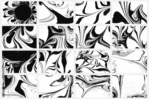 Set of abstract backgrounds. Ink marbling textures. Black and white. Hand drawn marble illustrations, ebru aqua paper and silk prints. Traditional Turkish ebru technique. Painting on water.