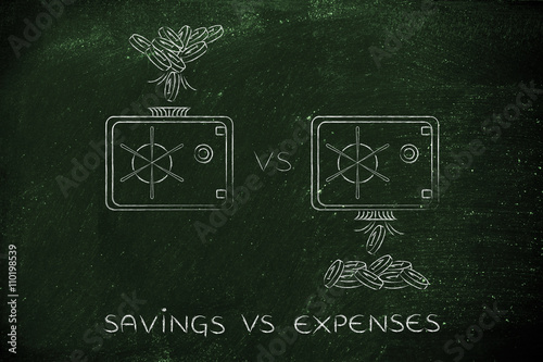 coins dropped in and out of safe, savings vs expenses