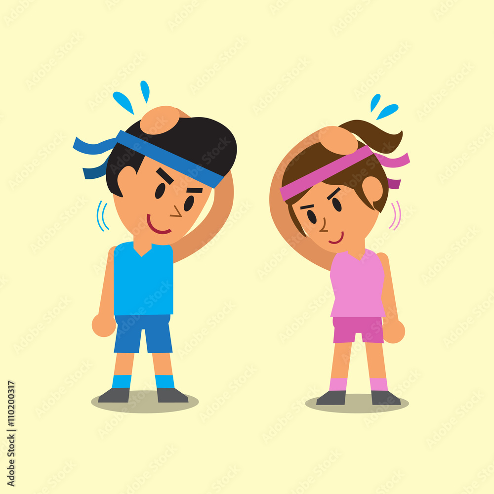 Cartoon man and woman doing neck side bend stretch exercise Stock