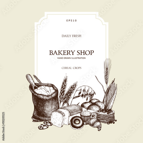 Vector design for bakery or baking shop with hand drawn bread and cereal crops illustration. Vintage bakery sketch template. Farm fresh and locally grown organic products.