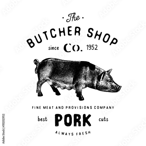 Butcher Shop vintage emblem pork meat products, butchery Logo template retro style. Vintage Design for Logotype, Label, Badge and brand design. vector illustration isolated on white