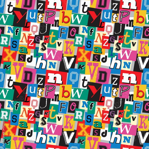 Vibrant multicoloured kidnapper ransom note seamless pattern. Fun background with letters for decoration, background and print.