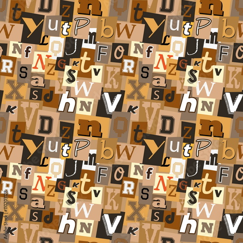 Pastel coffee coloured kidnapper ransom note seamless pattern. Fun background with letters for decoration, background and print.