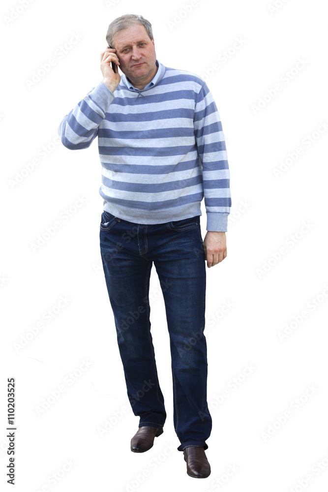 The gray-haired man aged keeps talking on the phone on a white background The gray-haired man aged keeps talking on the phone on a white background