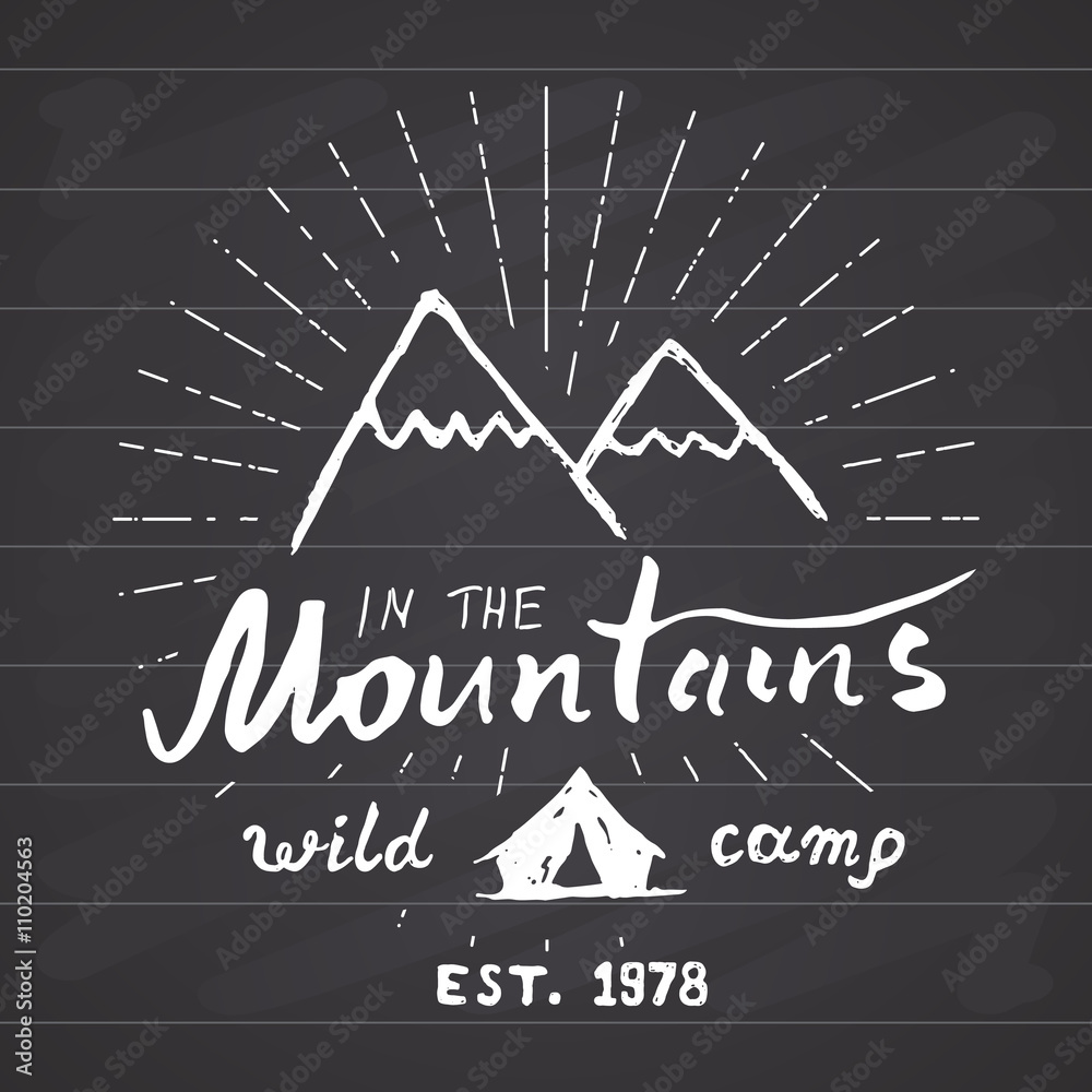Mountains handdrawn sketch emblem. outdoor camping and hiking activity, Extreme sports, outdoor adventure symbol, vector illustration on chalkboard background