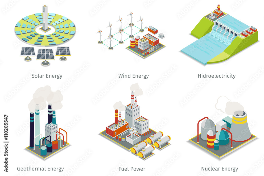 Power plant icons. Electricity generation plants and sources