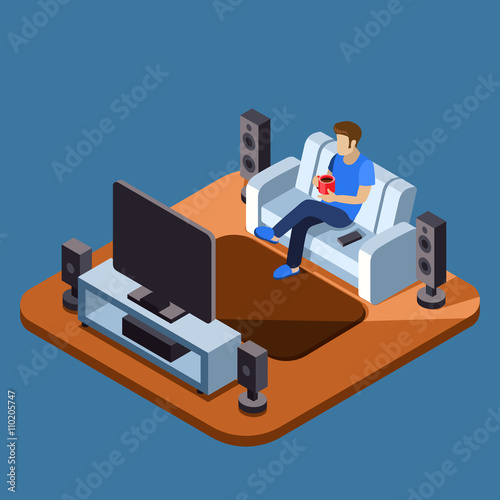 Man watching television on sofa. Vector flat isometric concept