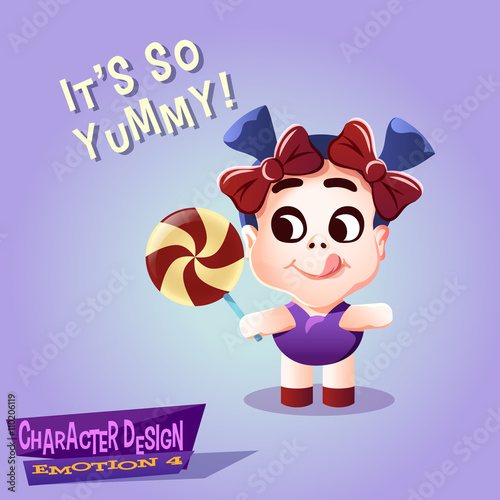 Happy Little Kid with pigtails, bows and tongue hanging out holding a candy. Calm cute and funny Tot with big lollipop isolated vector illustration.