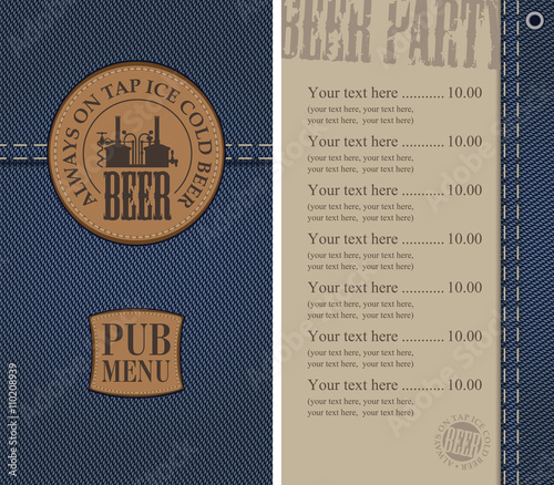 Menu for the pub in a retro style on denim