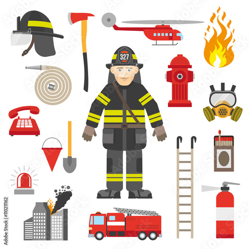  Fireman Professional Equipment Flat Icons Collection 