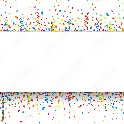 White banner with colorful confetti and party ribbons. Vector illustration.