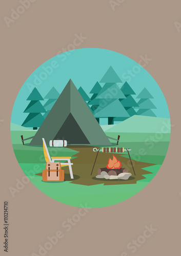 Summer Hiking. Tent, Backpack and Campfire. Vector Illustration