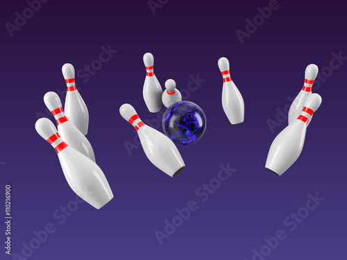 Bowling Ball crashing into the pins. 3D rendering