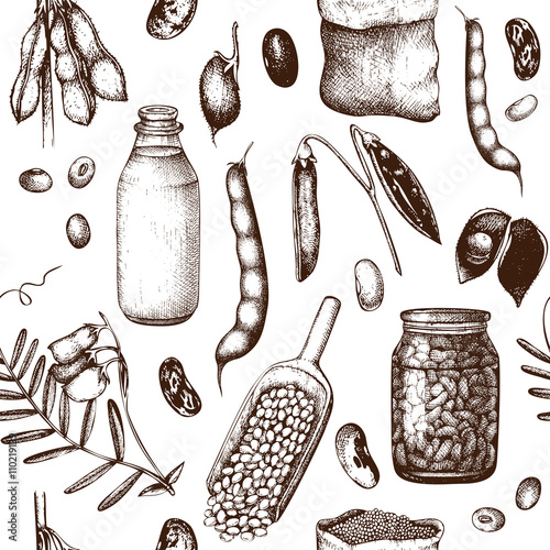 Vector seamless pattern with ink hand drawn legume crops sketches. Vintage background legumes and legume products. Farm fresh and organic food illustration