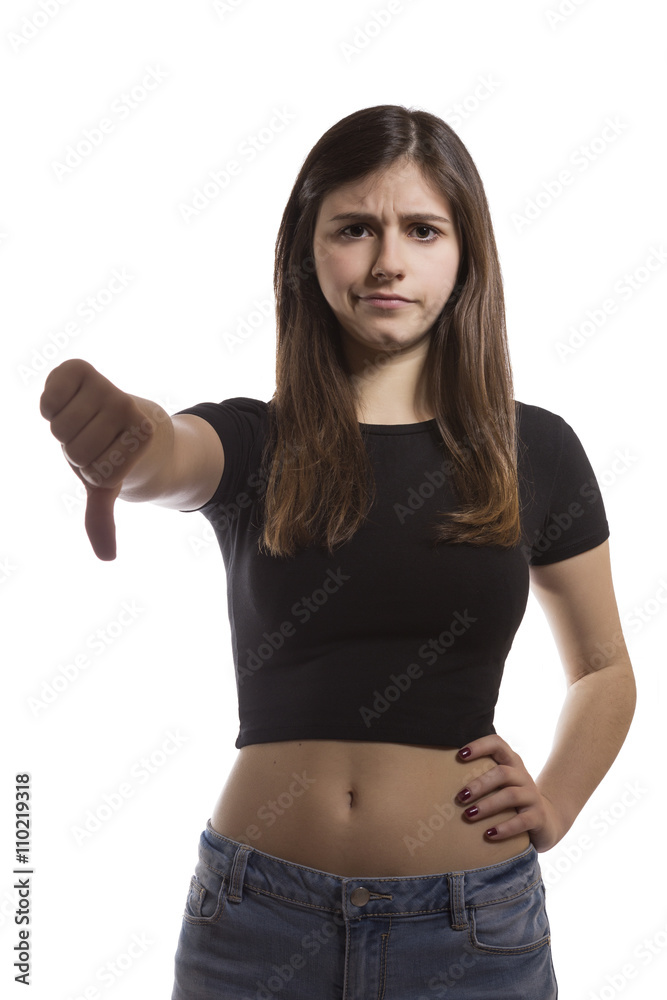 beautiful teenage girl portrait gesturing thumbs down beautiful teenage girl portrait gesturing thumbs down