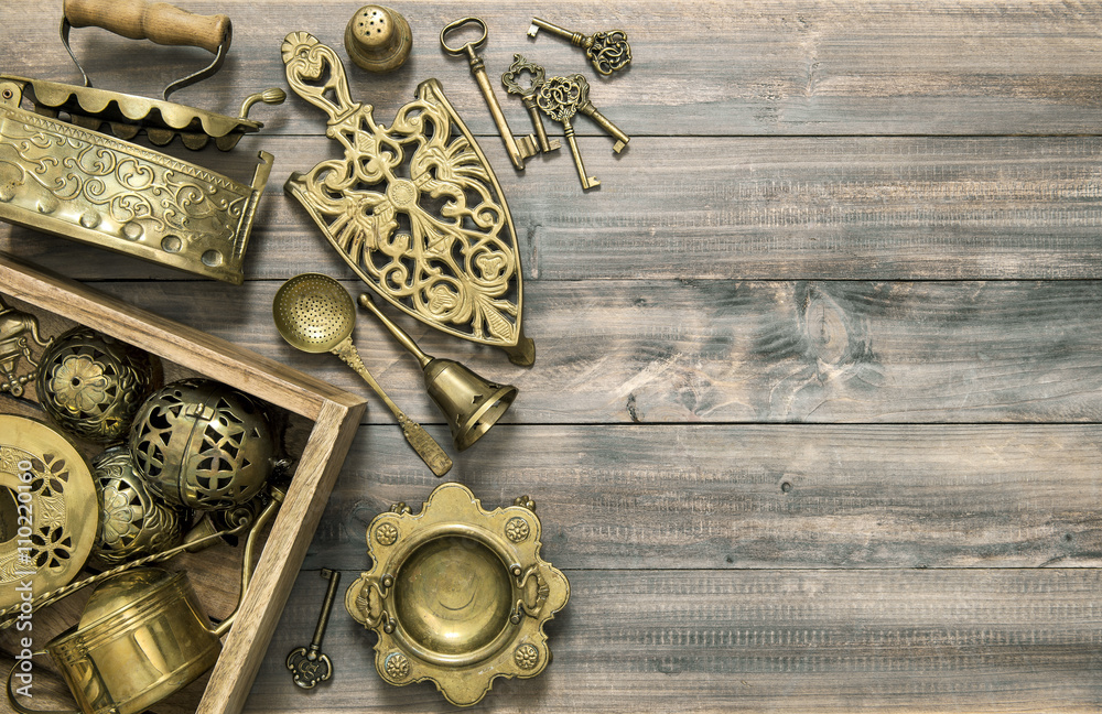 Vintage brass table ware antique kitchen utensils Stock Photo | Adobe Stock