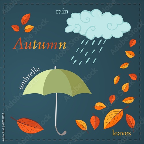Autumnal elements. Blue cloud and green umbrella with colorful leaves. Vector illustration.
