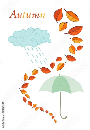 Autumnal card. Blue cloud, green umbrella and colorful leaves on