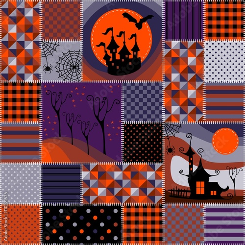 Bright seamless patchwork background with different patterns. Beautiful illustration for Halloween holiday.