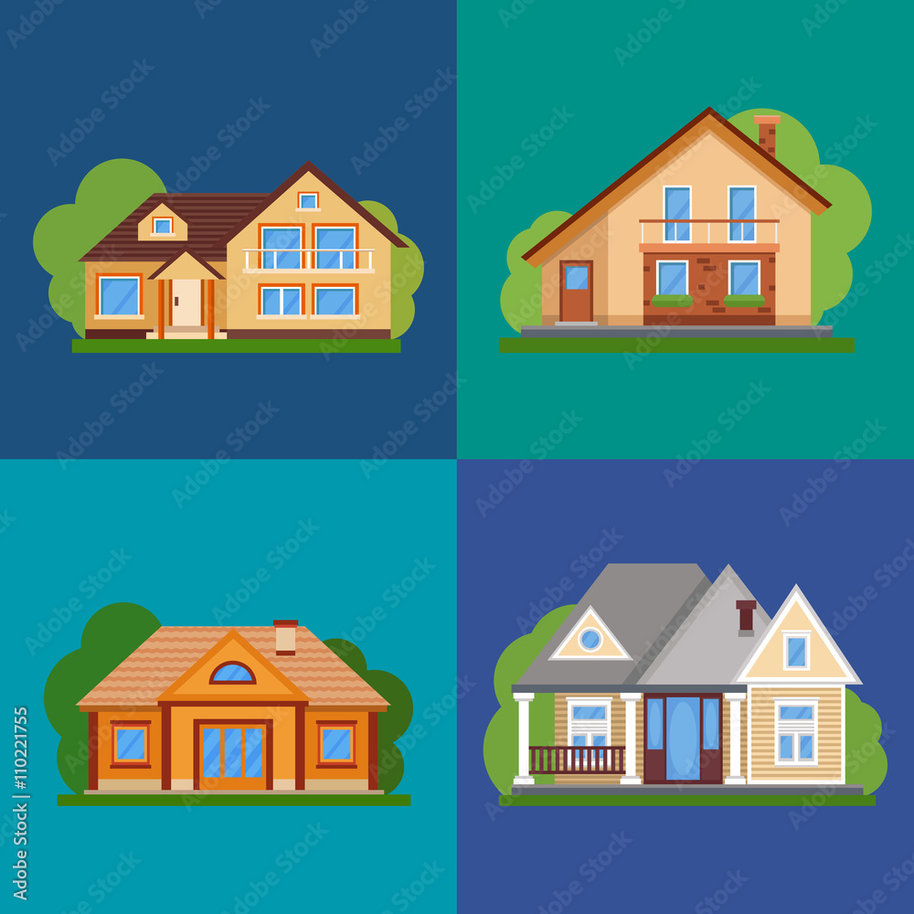 Set Colorful Flat Residential House. Private residential architecture. Family home. Traditional and modern house. Flat style vector illustration