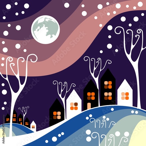 Night winter town with purple sky