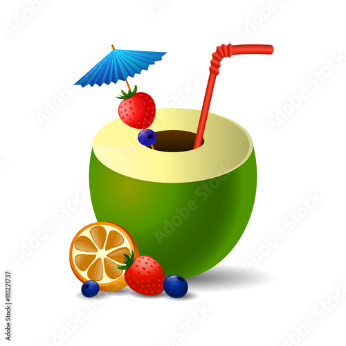 Fresh drinking coconut with a straw