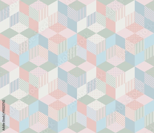 Seamless geometric patchwork pattern in pastel tones.