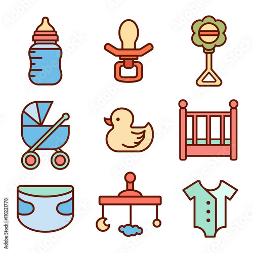 Set of baby color icons. Doodle Elements Set. Kids Logos. Flat style color vector symbols isolated on white