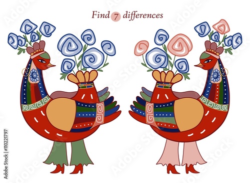 Find seven differences between two beautiful fairy birds. Cartoon vector illustration of education game for children.