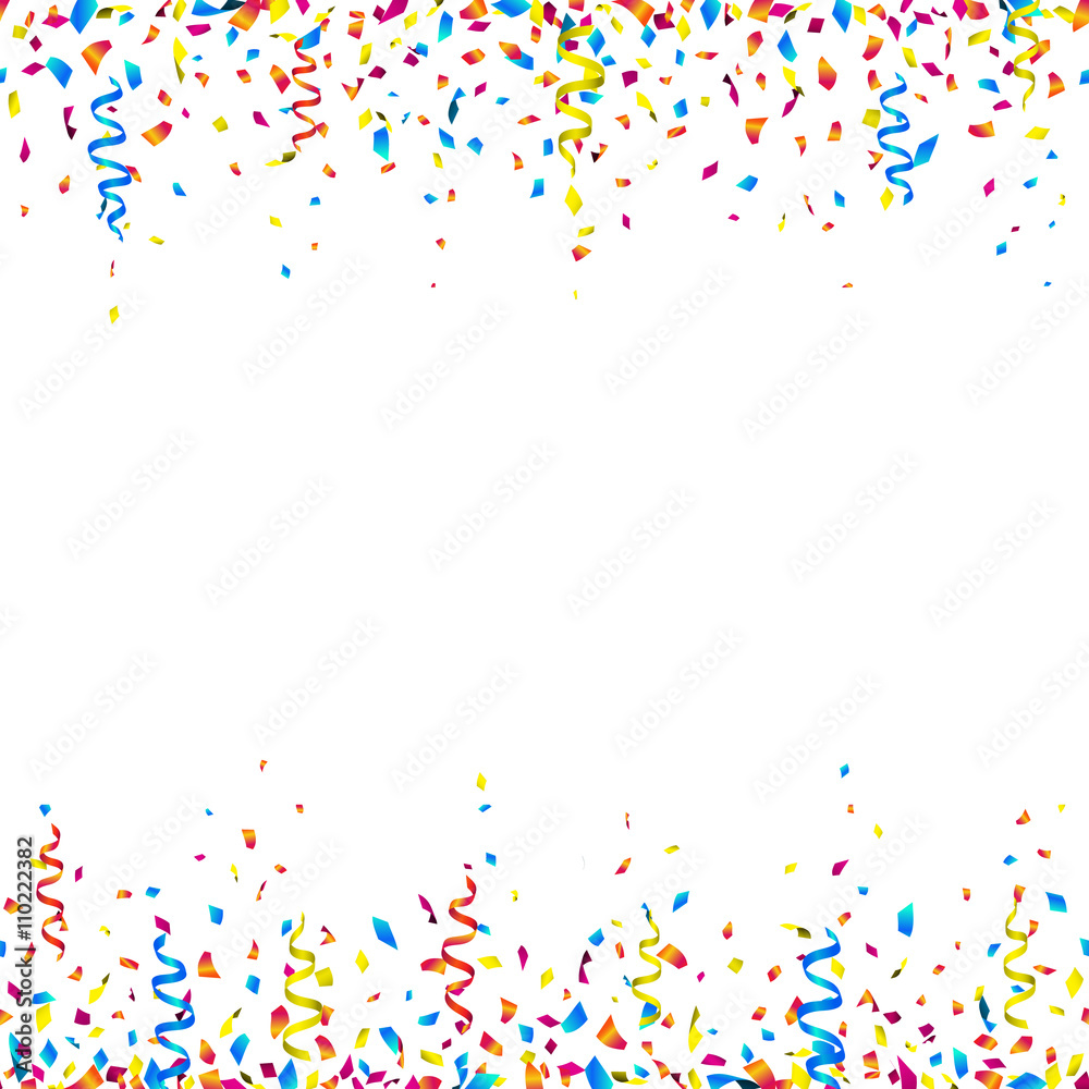 Celebration background with colorful confetti and party ribbons – seamless  celebration borders on white background. Vector illustration. Stock Vector  | Adobe Stock
