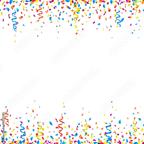 Celebration background with colorful confetti and party ribbons – seamless celebration borders on white background. Vector illustration.
