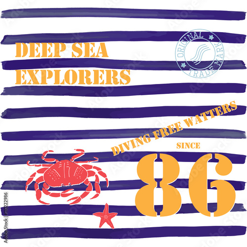 T-shirt typography design, deep sea explorers printing graphics, typographic vector illustration, Navy, diving water text, graphic design for label or t-shirt print, Badge, Applique