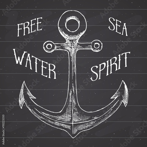 Hand drawn sketched anchor, textured grunge vintage anchor label, retro badge or T-shirt typography design with anchor and sunrays vector illustration. on chalkboard