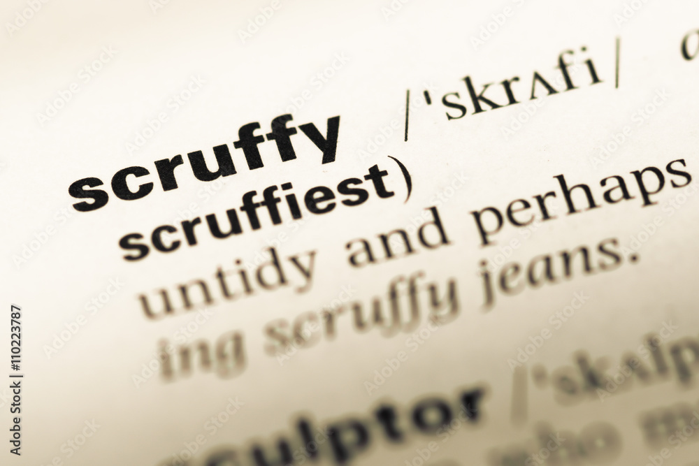 Fototapeta premium Close up of old English dictionary page with word scruffy