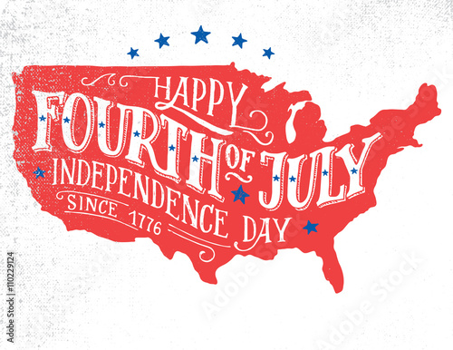 Happy Fourth of July. Independence day of the United States, 4th of July. Happy Birthday America. Hand-lettering greeting card on textured sketch of silhouette US map. Vintage typography illustration