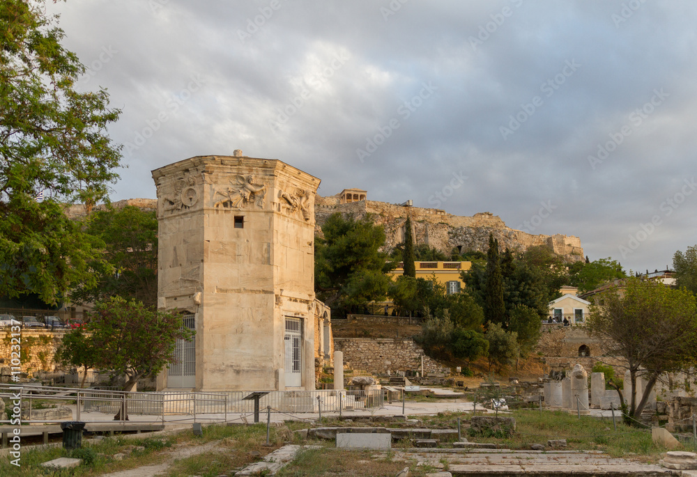 Tower of the Wind-gods in Roman Agora and Acropolis in the backg