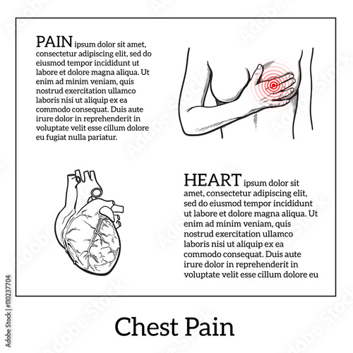 Information about heart pain, chest pain in women, anatomical image of the human heart, vector sketch hand-drawn illustration of heart and human patients suffering from chest pains woman holding chest photo