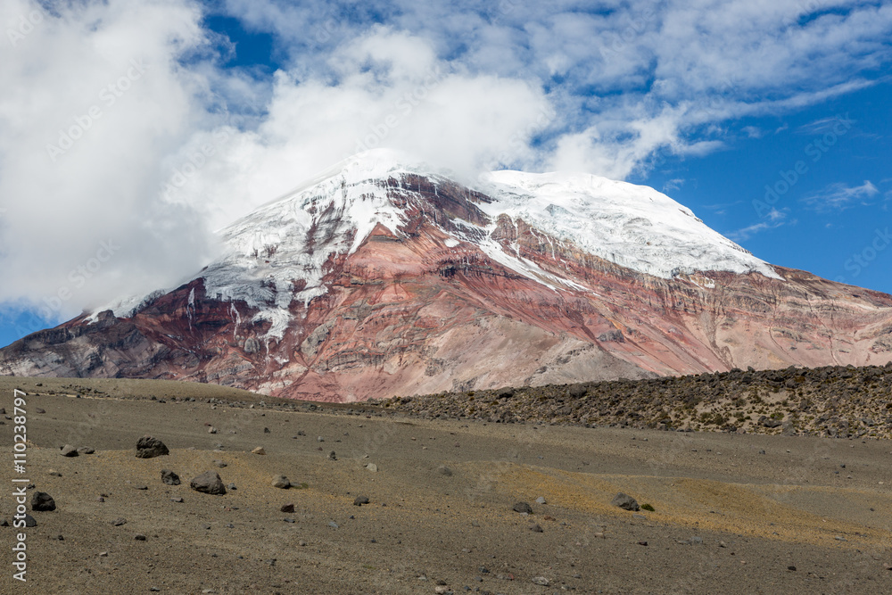 The beautiful Chimborazo Volcano with a blue sky day in Ecuador, South America