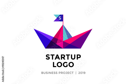 Logo for startup project with inscription Startup Logo - Business project. Logo template of colorful paper boat. Business concept and identity symbol. Startup graphic design concept. Vector