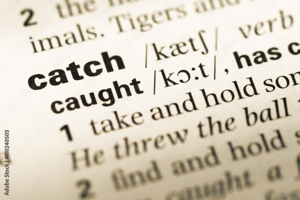 Close up of old English dictionary page with word catch Close up of old English dictionary page with word catch