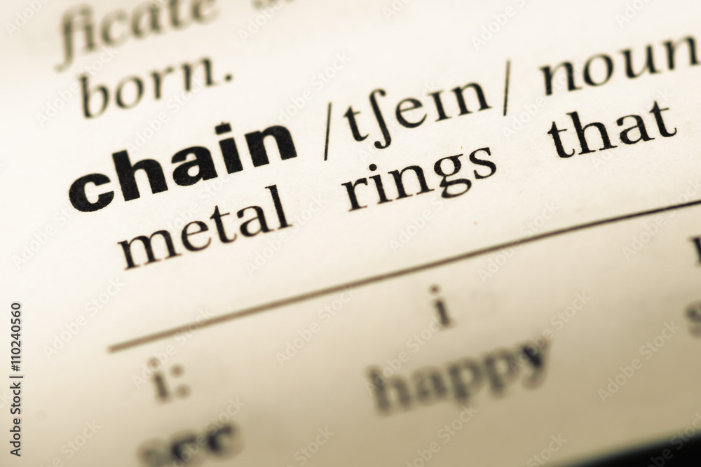 Close up of old English dictionary page with word chain