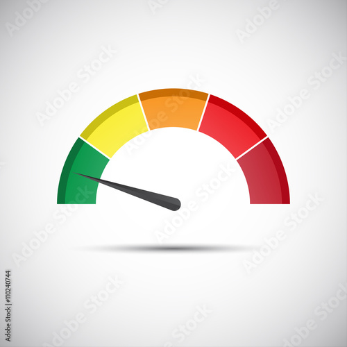 Color vector tachometer, flowmeter with indicator in green part, speedometer and performance measurement icon, illustration for your website, infographic and apps