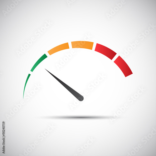 Simple vector tachometer with indicator in green part, speedometer icon, performance measurement symbol