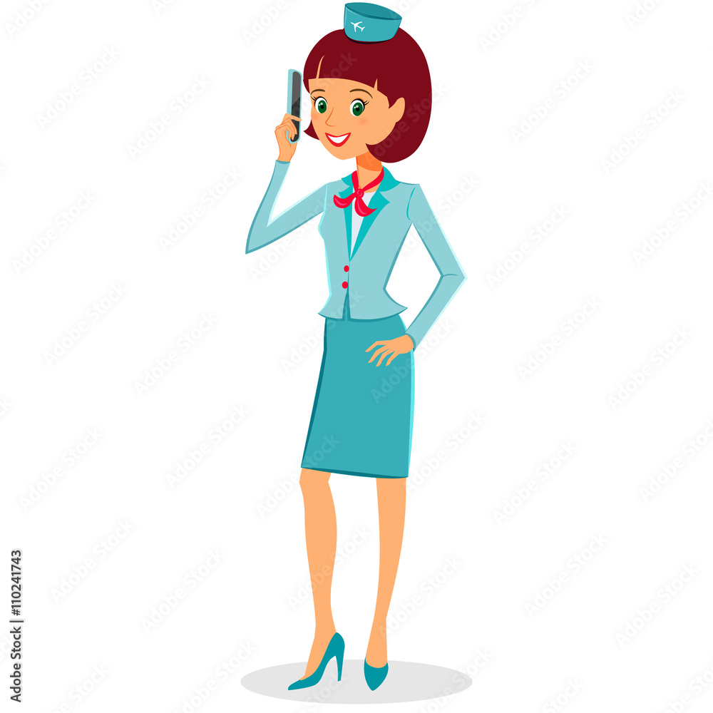 Cheerful cartoon flight attendant in uniform talking on smartpho Cheerful cartoon flight attendant in uniform talking on smartpho